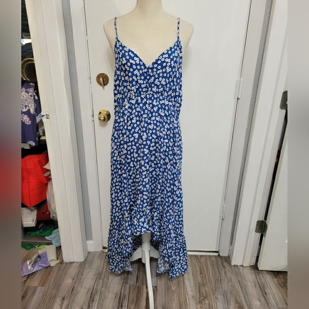 Blue Floral High-Low Dress - Spaghetti Strap